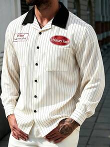 Manfinity Roghcode Men's Plus Size Beige Striped Long Sleeve Shirt - Beige - View 5
