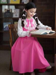 Tween Girl Back To School Outfit Pink & White Patchwork Long Sleeve 3D Bow Decor Lapel Open Front Dr - Pink - View 7