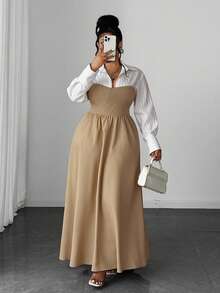 Maweii French Casual Striped Patchwork 2 In 1 Long Sleeve Plus Size Dress For Women Fall - Khaki - View 3