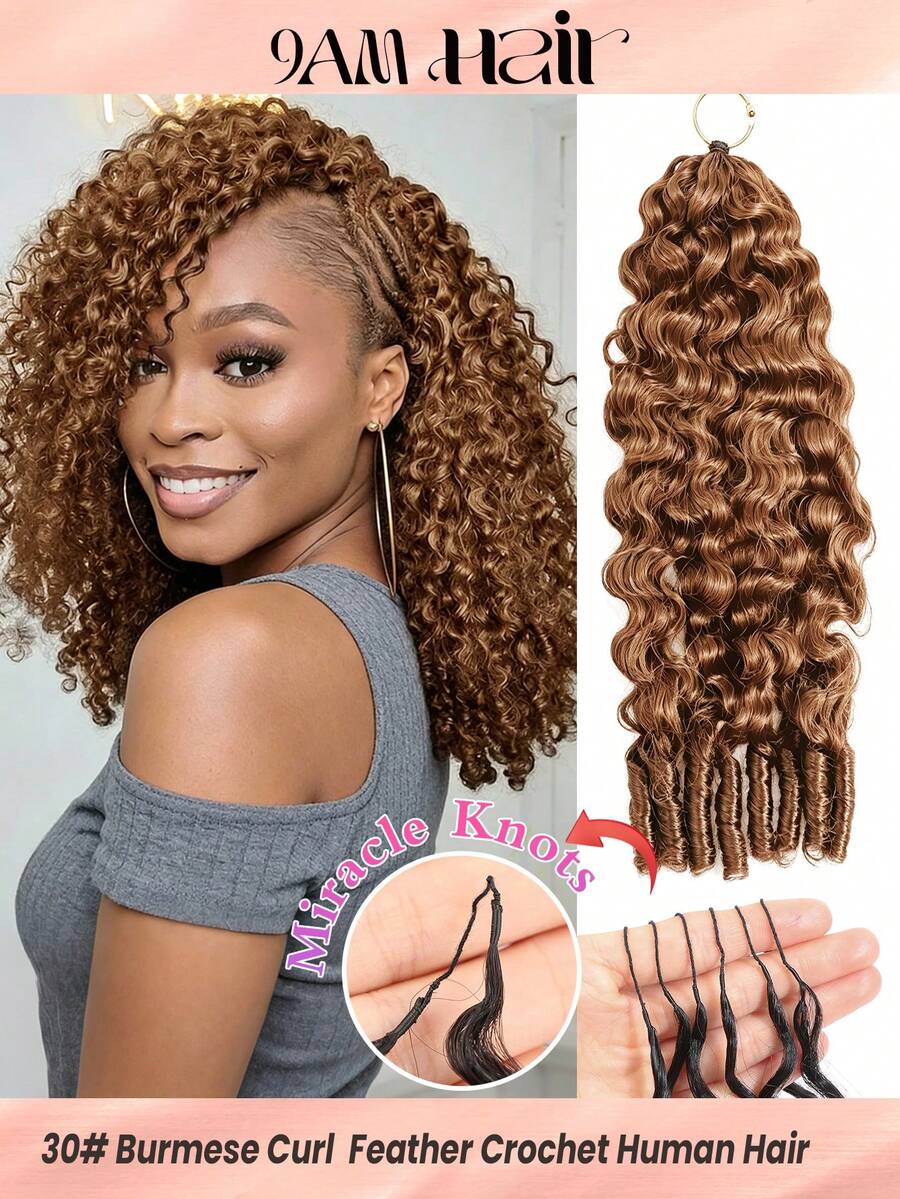 Boho Braids Miracle Knots Crochet Human Hair 100% Remy Burmese Curl Feather Line Crochet Hair Braids Salon Silky Seamless Invisible Solid Color 30# Feather Crochet Human Hair Braiding For Women Micro Pre Looped Burmese Curly Extensions - S30# - View 1
