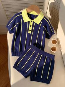 SHEIN 2件/套 嬰兒男孩嬰兒女孩夏季休閒黃色條紋 Polo 套裝，針織套裝，羊毛套裝，涼感套裝，嬰兒男孩套裝 - 彩色 - 查看 8
