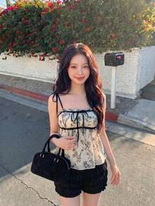 SHEIN MOD Women's Floral Pattern Cami Crop Top, Tops, Summer Tops, Babydoll Top Vacation Black White Cottagecore Romantic - Black and White - View 3