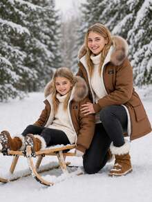 SHEIN Mädchen Herbst/Winter Parka Jacke, Fellkragen, große Taschen, mit Kapuze, tailliert, minimalistischer Stil, knielanges Baumwollmantel - Braun - Übersicht 7