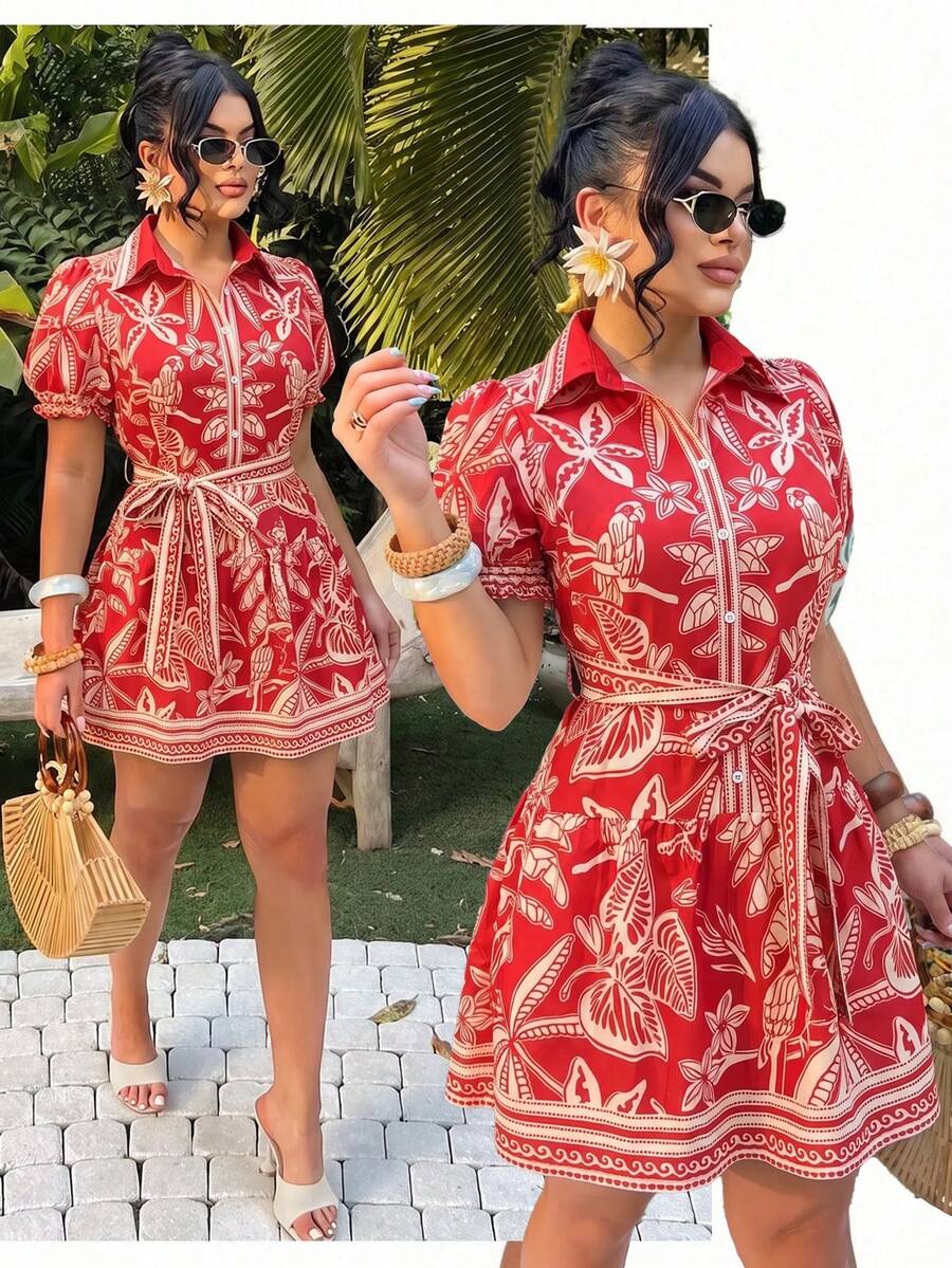 SHEIN SXY 大码印花纽扣连衣裙 - 紅色 - 查看 1