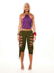 SUMWON WOMEN Jersey Macrame Cut Out Capri Leggings With Knot Detail And Colorful Side Ribbon Ties Festival Style - Army Green - View 3