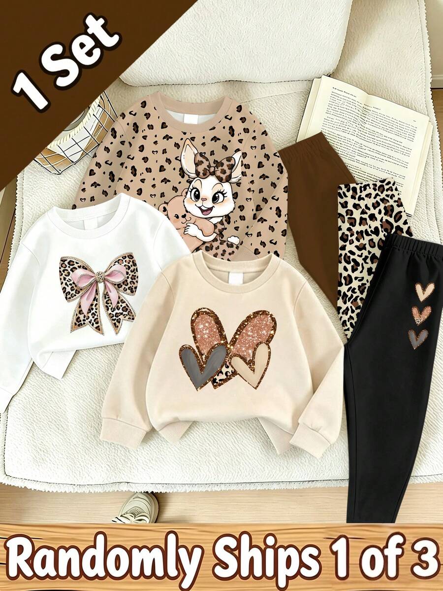 SHEIN 1 SET ALEATORIO Conjunto de sudadera de cuello redondo para niñas, disponible en estilos de estampado de leopardo completo con conejo, estampado de leopardo con lazo y corazón con lentejuelas, combinado con pantalones largos ajustados a juego, diseño dulce y fresco de moda, adecuado para salidas, compras y uso diario, primavera, otoño e invierno - Negro - Ver 1