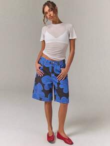 Athîral Denim Women's Dark Blue Floral Print Low Waist Wide Leg Y2k Disco Jeans, Oversize Pants, Bermuda, Rave Concert Outfits, Summer - Blue - View 3