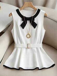 Franclia Women's Elegant Summer Black And White Tea Party Brunch Sleeveless Tank Top,Fashionable Patchwork Contrast Color Bow Round Neck Loose Hem Top - Black and White - View 3