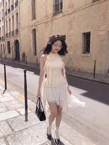 SHEIN MOD Vintage 3d Flower Design Halter Neck Slim Fit Top With Fluttering Ribbons, Apricot Color - Apricot - View 6