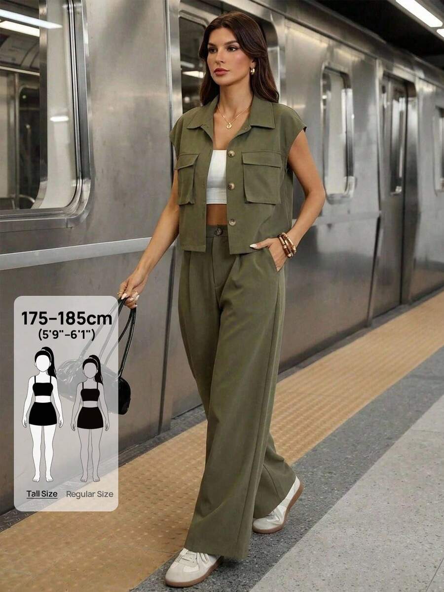 SHEIN Tall Setelan Kemeja dan Celana Panjang Wanita Gaya Kasual dan Minimalis Warna Hijau Army untuk Musim Semi/Panas Terbaru - Hijau Tentara - View 1