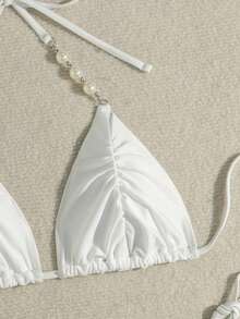 SHEIN Swim 女款比基尼泳衣套裝，四季針織設計，適合度假派對、海灘、新年，珍珠鍊裝飾，性感優雅俏皮，白色夏季款 - 白色 - 查看 4