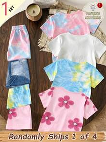 (1 Random Item From 4) Summer Girls' Fashionable And Fresh Tie Dye Flower Sparkling Bow Pattern Print Casual Style Basic Short T+Shorts Set - Multicolor - View 2