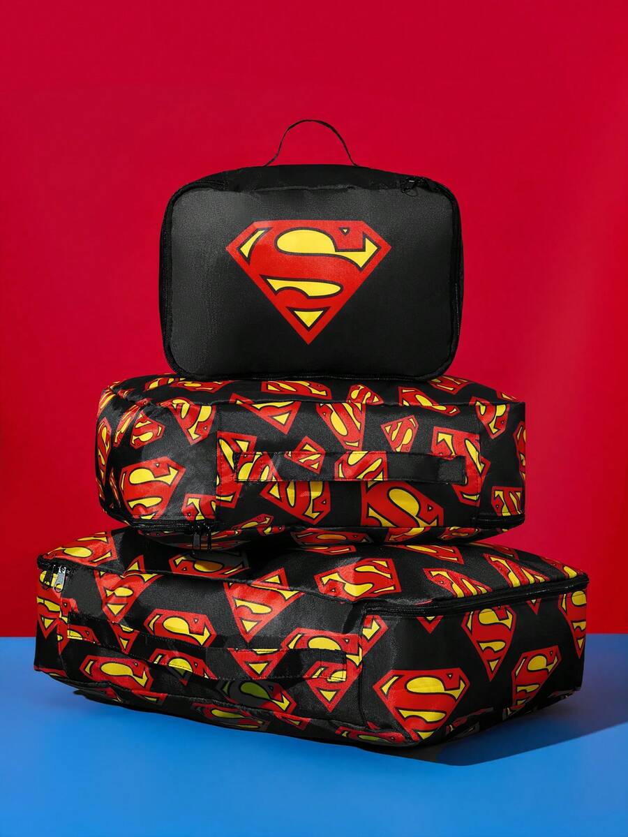 SUPERMAN X SHEIN Logo印花聚酯纖維旅行收納袋 分類收納整理袋 多尺寸可選 - 黑紅色 - 查看 1