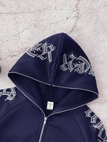 SHEIN 青少年女孩哥德風文字鑲鑽短版拉鍊連帽衛衣，秋冬長袖上衣，畢業穿搭，返校穿搭 - 藍色 - 查看 3