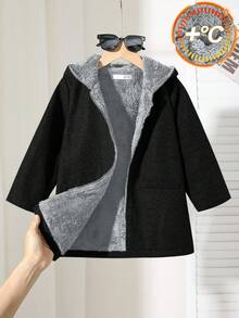 SHEIN 男童休閒舒適百搭保暖內裡連帽翻領羊毛混紡夾克，厚實刷毛保暖冬季外套 - 彩色 - 查看 5
