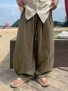DAZY Long Brown Curved Blade Design Loose Elastic Waist Men's Pants - Brown - View 4