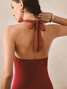 Hourtrue 3D Lace Mesh Long Robe, Cowl Neck Knit Cami Robe, Women's Sleepwear Set - Burgundy - View 3