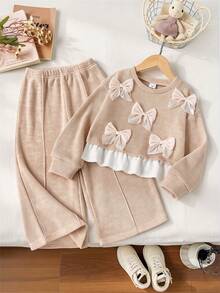 SHEIN Vintaside Kids 女童韓系活力風灰色花卉提花針織兩件套，寬腿褲搭配3D蝴蝶結裝飾，軟妹風初冬針織毛衣套裝 - 杏色 - 查看 9