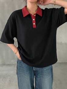 FRIFUL 女款黑白條紋寬鬆 Polo 領短袖休閒 T 恤，夏季 - 黑色 - 查看 4