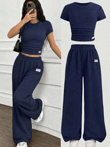 SHEIN Setelan 2 Potong untuk Remaja Perempuan: Kaos Lengan Pendek Rajut Bertekstur Biru Tua dan Celana Panjang, Busana Kasual Serbaguna untuk Sehari-hari - Navy Blue - View 6