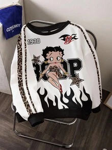 Betty Boop x SHEIN 大尺碼圓領滿版印花運動衫 - 白色 - 查看 1