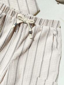 SHEIN 2pcs/Set Baby Boy/Girl Apricot Summer Casual Work Khaki Striped Collar Short Sleeve Knit Shirt Top And Pants Set,Versatile Comfortable Daily Outfit - Apricot - View 5