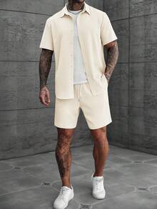 Manfinity RSRT 2pcs/Set Men's Solid Color Textured Short Sleeve Shirt And Shorts Set, - Apricot - View 6