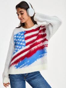 SHEIN كنزة صوفية كاجوال فضفاضة بطبعة علم أمريكي وياقة دائرية للاستخدام اليومي باللون الأبيض للخريف والشتاء - متعدد الألوان - مشاهدة 5