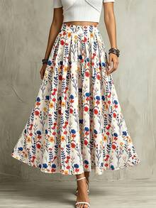 SHEIN Franclia Fresh Pastoral Style Colorful Floral Print High-Waist Midi Skirt Vacation Outfits Women Summer Outfits For Women - Multicolor - View 1