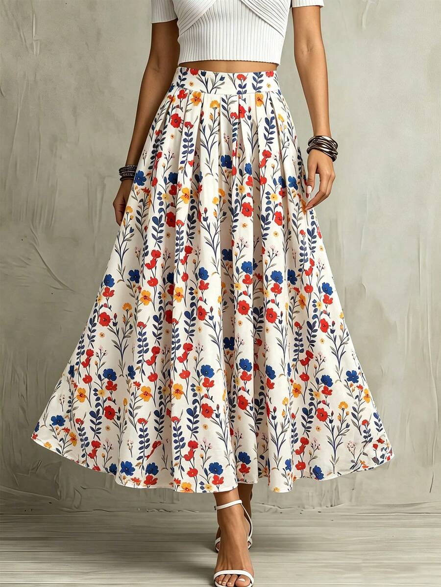 SHEIN Franclia Fresh Pastoral Style Colorful Floral Print High-Waist Midi Skirt Vacation Outfits Women Summer Outfits For Women - Multicolor - View 1