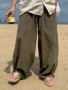 DAZY Long Brown Curved Blade Design Loose Elastic Waist Men's Pants - Brown - View 5