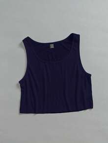 SHEIN EZwear 女款休閒深U領寬鬆短版背心，海軍藍，適合夏季 - 藏蓝色 - 查看 6