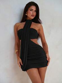 Aloruh Women's Asymmetric Ruffle Hem Bodycon Mini Dress, Suitable For Vacation, Sexy,Party Dresses For Women - Black - View 6