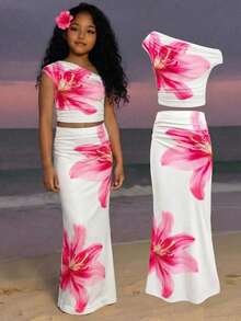 SHEIN Tween Girls' Spring/Summer Casual Vacation Off Shoulder Lily Flower Print Fitted Ruched Knit T-Shirt And Fitted Long Skirt Set, Pink - Apricot - View 1