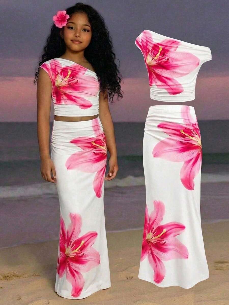 SHEIN Tween Girls' Spring/Summer Casual Vacation Off Shoulder Lily Flower Print Fitted Ruched Knit T-Shirt And Fitted Long Skirt Set, Pink - Apricot - View 1