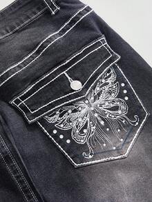 ROMWE J-Fashion Y2K復古蝶繡可調式對比縫線女款大尺碼牛仔迷你裙 - 黑色 - 查看 4