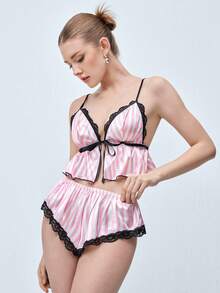 Softvol 2件組女款粉色與白色條紋蕾絲拼接睡衣套裝，居家休閒服套裝 - 粉色 - 查看 4