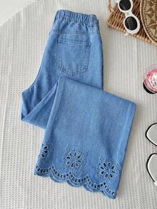 SHEIN 青少年女孩藍色牛仔寬鬆長褲，鏤空刺繡圖案，適合萬聖節、世界盃、畢業季、休閒、返校季、夏冬秋季 - 藍色 - 查看 2