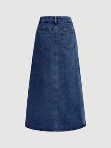SHEIN Tall 女款鈕扣休閒日常牛仔裙 - 藍色 - 查看 6