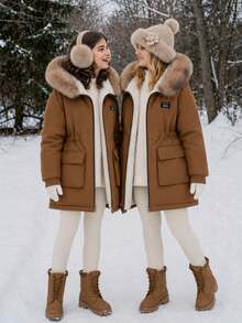 SHEIN Mädchen Herbst/Winter Parka Jacke, Fellkragen, große Taschen, mit Kapuze, tailliert, minimalistischer Stil, knielanges Baumwollmantel - Braun - Übersicht 5
