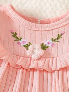 SHEIN 新生兒長袖米色圓領泡泡袖立體刺繡洋裝，可愛優雅，簡約舒適，適合秋季 - 粉色 - 查看 5