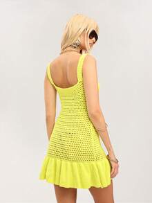 Dancing Leopard Yellow Knit Square Neck Peplum Mini Dress, Knit Dress Women, Holiday Dress, Date Night Dress, Smart Casual Outfit, Layering Piece Women, Cosy Outfits - Yellow - View 2