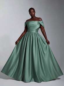 Elitara Plus Size Elegant Classy Formal Romantic Sage Green Off-Shoulder Ruched Pleated Puff Sleeve A-Line Evening Dress For Party Wedding Guest Dinner Date - Green - View 3