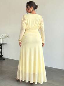 Firerie Plus Size Autumn/Winter Comfortable Casual Elegant Vacation Textured Fabric Ruched Long Sleeve V-Neck Elastic Waist Flared Hem Women's Long Dress Fall - Yellow - View 3