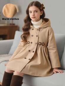SHEIN Chaqueta casual con capucha de felpa de media longitud para niñas preadolescentes, invierno - Caqui - Ver 6
