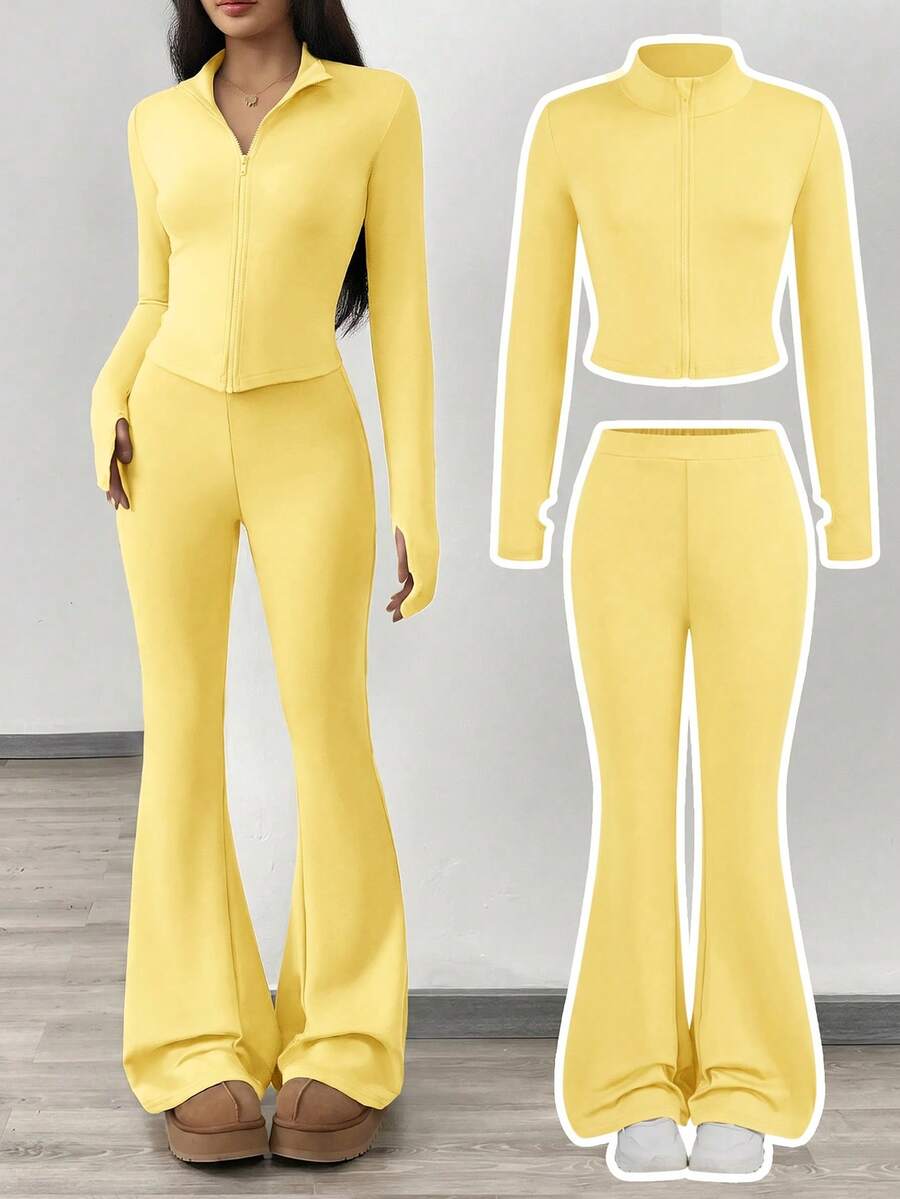SHEIN Girlism NovaGlow 青少女運動休閒日常針織素色開襟外套與喇叭褲套裝 - 黃色 - 查看 1