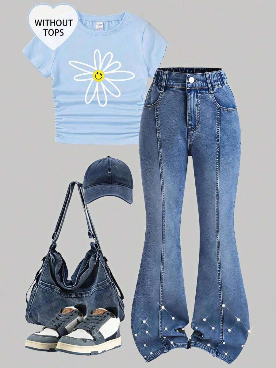SHEIN Genkimix Kids 女童牛仔喇叭褲,四季新款,美式復古中藍牛仔色,褲身中線開衩設計附口袋,褲腳珍珠裝飾,修身版型,舒適棉質牛仔面料,百搭時尚風格,四季新款女童牛仔褲 - 中等水洗藍 - 查看 1