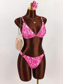 Bonvoyette Spring/Summer 2 Pieces Women's Beachwear Set Fashionable Cute Sexy Tropical Vacation Seaside Swimming Pool Party Beach Random Print Multi-Color Pink - Multicolor - View 5