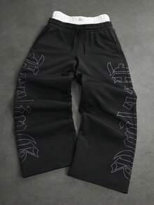 SLATEMANN Men's Letter Print Drawstring Waist Wide Leg Loose Casual Sweatpants - Black - View 2