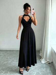 Celisse Women's Applique Decor Backless Halter Long Dress - Black - View 3